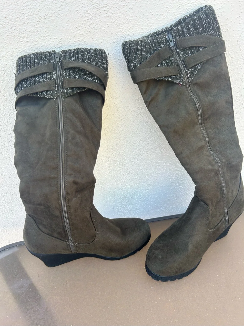 Modern Rush Over-the-Knee Knit-Cuff Wedge Boots in Dark Olive